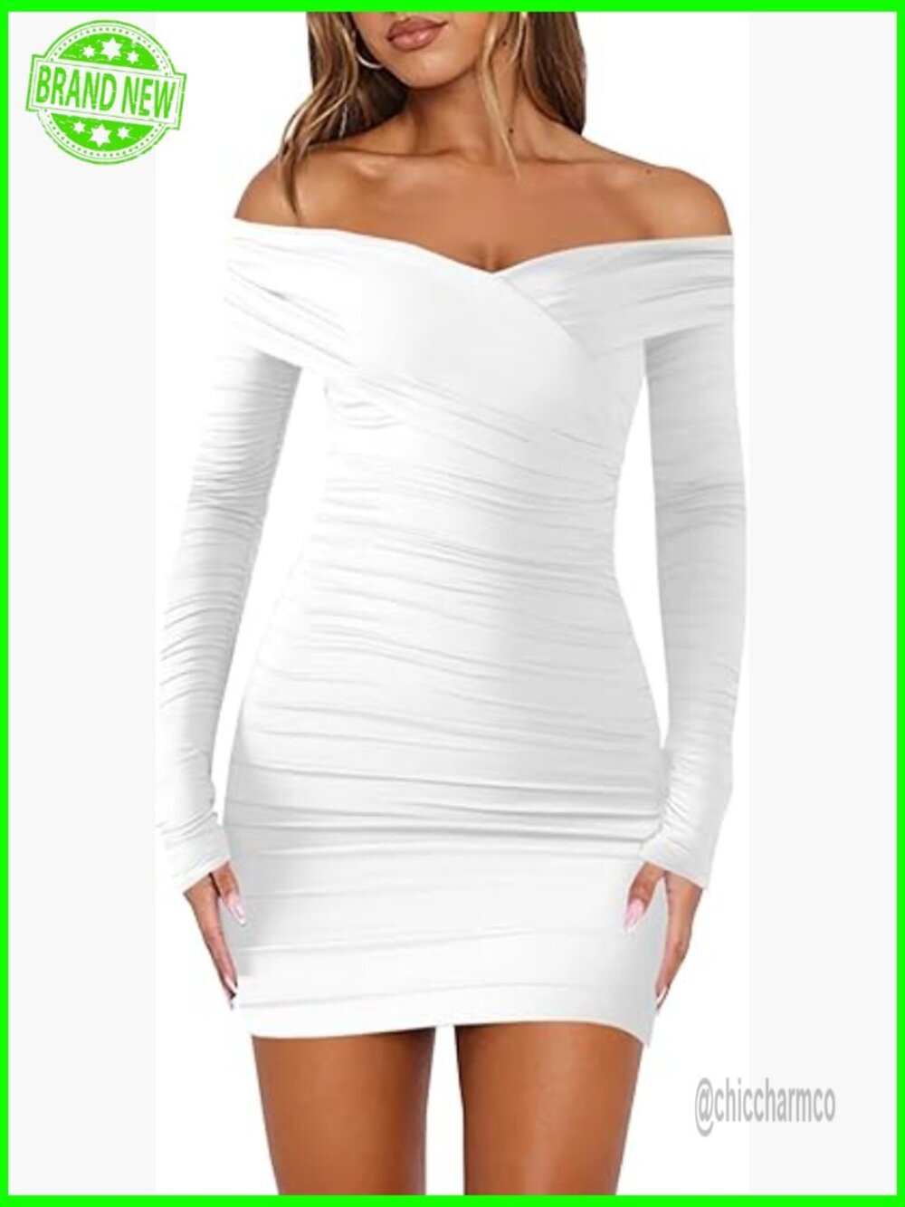 Off Shoulder Long Sleeve Bodycon Ruched Cocktail Party Mini Dress